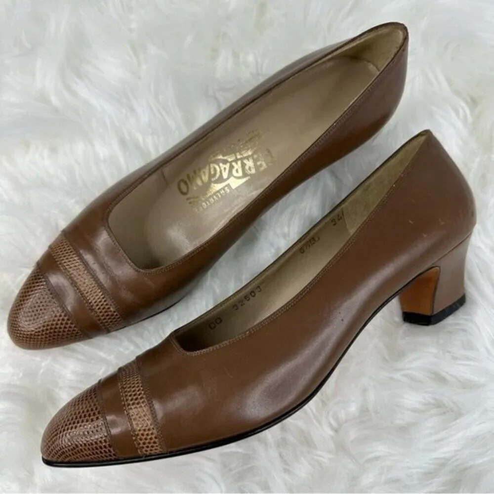 Salvatore Ferragamo Brown Leather Lizard‎ Cap Toe Pumps Block Heel 6.5 B Italy